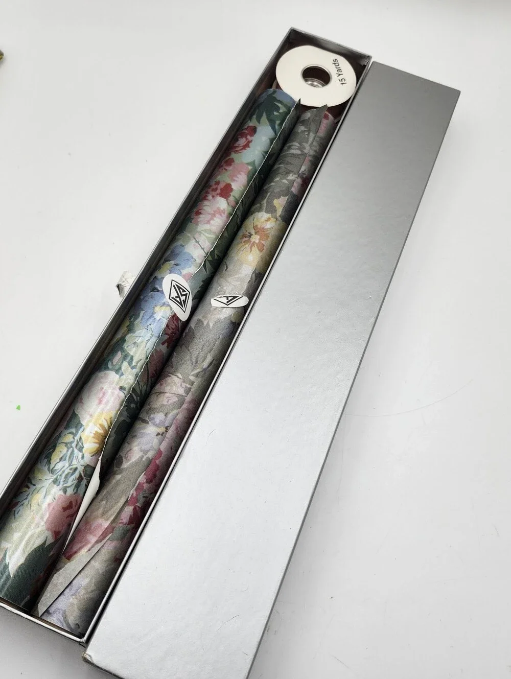 Vintage New Sally FOSTER Silver Floral Roses Wrapping Paper Rolls Card Ribbon
